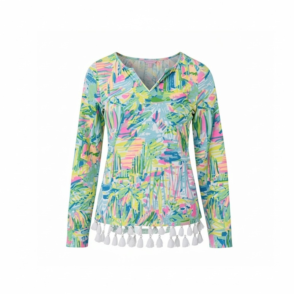 Lilly Pulitzer Womens Tropical Print Tassel Hem Slub V-Neck Top Multi-Color XL